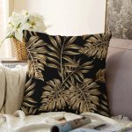 - Sonil-K-3189-Gorsel1 - Realhomes  Siyah Zeminde Altın Renkli Yapraklar Desenli Raşel Kadife Yastık Kırlent Kılıfı Realhomes