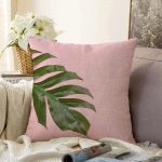 - Sonil-K-3194-Gorsel1 - Realhomes  Pembe Zeminde Yaprak Modern Tasarımlı Dekoratif Raşel Kadife Yastık Kırlent Kılıfı Realhomes