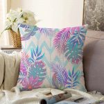 - Sonil-K-3210-Gorsel1 - Realhomes  Pudra Zeminli Geometrik Palmiye Yaprakları Modern Raşel Kadife Yastık Kırlent Kılıfı Realhomes