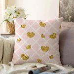 Damalı Pudra Renkli Altın Kalpler Özel Tasarım Raşel Kadife Yastık Kırlent Kılıfı Realhomes