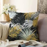 - Sonil-K-3233-Gorsel1 - Realhomes  Siyah Zeminde Palmiye Yaprakları Özel Tasarım Raşel Kadife Yastık Kırlent Kılıfı Realhomes