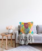 - Sonil-K-3246-Gorsel2 - Realhomes  Renkli Yaprak Zeminli Ananas Detaylı Modern Raşel Kadife Yastık Kırlent Kılıfı Realhomes