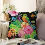 Watercolor Çiçek ve Kuş Motifli Özel Tasarım Raşel Kadife Yastık Kırlent Kılıfı Realhomes