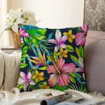 Lacivert Zeminli Tropikal Desenli Dijital Baskılı Raşel Kadife Yastık Kırlent Kılıfı Realhomes
