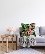 Lacivert Zeminli Tropikal Desenli Dijital Baskılı Raşel Kadife Yastık Kırlent Kılıfı Realhomes