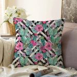 Geometrik Zeminde Çiçek ve Kaktüsler Özel Tasarım Raşel Kadife Yastık Kırlent Kılıfı Realhomes