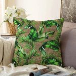 Çuval Zeminde Yeşil Yaprak Desenli Özel Tasarım Raşel Kadife Yastık Kırlent Kılıfı Realhomes