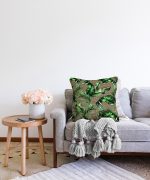 Çuval Zeminde Yeşil Yaprak Desenli Özel Tasarım Raşel Kadife Yastık Kırlent Kılıfı Realhomes