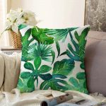 - Sonil-K-3333-Gorsel1 - Realhomes  Suluboya Tropikal Yapraklar Desenli Özel Tasarım Raşel Kadife Yastık Kırlent Kılıfı Realhomes
