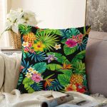 Siyah Zeminli Geometrik Yapraklar Desenli Raşel Kadife Yastık Kırlent Kılıfı Realhomes