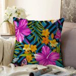 Mavi Zeminli Geometrik Çiçekler Modern Tasarımlı Raşel Kadife Yastık Kırlent Kılıfı Realhomes