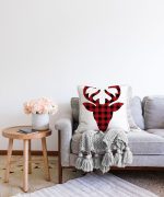 Ekose Geyik Kırmızı Siyah Tasarımlı Dekoratif Raşel Kadife Yastık Kırlent Kılıfı Realhomes