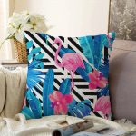 Geometrik Mavi Pempe Flamingo Tasarımlı Dijital Baskılı Raşel Kadife Yastık Kırlent Kılıfı Realhomes