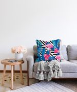 Geometrik Mavi Pempe Flamingo Tasarımlı Dijital Baskılı Raşel Kadife Yastık Kırlent Kılıfı Realhomes