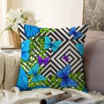 Geometrik Zeminli Mavi Kelebek Dijital Baskılı Raşel Kadife Yastık Kırlent Kılıfı Realhomes