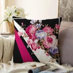 - Sonil-K-4236-Gorsel1 - Realhomes  Siyah Zemin Pembe ve Mavi Güller Özel Tasarım Raşel Kadife Yastık Kırlent Kılıfı Realhomes