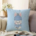 Mavi Zeminde Sevimli Tavşan Motifli Çocuk Odası Raşel Kadife Yastık Kırlent Kılıfı Realhomes