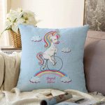 Mavi Zeminde Bisiklet ve Unicorn Tasarımlı Çocuk Odası Raşel Kadife Yastık Kırlent Kılıfı Realhomes