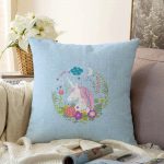 Mavi Zeminde Unicorn At Desenli Çocuk Odası Raşel Kadife Yastık Kırlent Kılıfı Realhomes