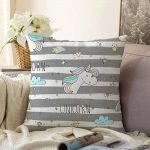 Gri Beyaz Çizgili Unicorn Atlar Çocuk Odası Raşel Kadife Yastık Kırlent Kılıfı Realhomes