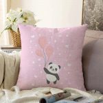 Uçan Balonlar ve Sevimli Panda Desenli Çocuk Odası Raşel Kadife Yastık Kırlent Kılıfı Realhomes