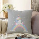 Gri Zeminde Unicorn Tasarımlı Çocuk Odası Raşel Kadife Yastık Kırlent Kılıfı Realhomes