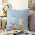 Mavi Zeminde Unicorn Tasarımlı Çocuk Odası Raşel Kadife Yastık Kırlent Kılıfı Realhomes