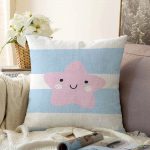 Mavi Çizgiler Üzerine Pembe Yıldız Tasarımlı Bebek Odası Raşel Kadife Yastık Kırlent Kılıfı Realhomes