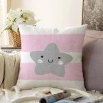 Pembe Çizgiler Üzerine Gri Yıldız Tasarımlı Bebek Odası Raşel Kadife Yastık Kırlent Kılıfı Realhomes