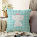 Yeşil Ekose Zeminli Fil Desenli Bebek Odası Raşel Kadife Yastık Kırlent Kılıfı Realhomes