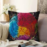 Siyah Zeminde Renkli Uzak Doğu Denge İkonlu Dijital Baskılı Raşel Kadife Yastık Kırlent Kılıfı Realhomes