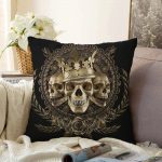- Sonil-K-5048-Gorsel1 - Realhomes  Siyah Zeminde Gümüş Kuru Kafa Motifli Raşel Kadife Kırlent Kılıfı Realhomes