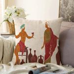 Şarap İçen Mısır Tanrıçaları Desenli Raşel Kadife Kırlent Kılıfı Realhomes