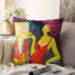 - Sonil-K-5082-Gorsel1 - Realhomes  Sulu Boya Kırmızı Elbiseli Motifli Özel Tasarım Raşel Kadife Kırlent Kılıfı Realhomes