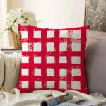 - Sonil-K-5236kirmizi-Gorsel1 - Realhomes  Kırmızı Zeminde Geometrik Kare Motifli Dekoratif Raşel Kadife Yastık Kılıfı Realhomes