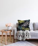 - Sonil-K-5246-Gorsel2 - Realhomes  Siyah Zeminde Renkli Yaprak Motifli Özel Tasarım Raşel Kadife Kırlent Kılıfı Realhomes