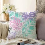 - Sonil-K-5252-Gorsel1 - Realhomes  Beyaz Zemin Üzerinde Sulu Boya Renkli Yaprak Çizimli Modern Raşel Kadife Yastık Kılıfı Realhomes