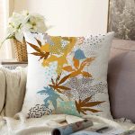 - Sonil-K-5255-Gorsel1 - Realhomes Beyaz Zeminde Mavi Ve Turuncu Yaprak Desenli Raşel Kadife Kırlent Kılıfı Realhomes