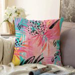 Mavi Zemin Üzerinde Pembe Yaprak Motifli Modern Raşel Kadife Yastık Kılıfı Realhomes