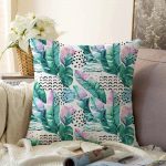 - Sonil-K-5261-Gorsel1 - Realhomes  Benekli Zemin Üzerinde Yeşil Ve Pembe Yaprak Motifli Raşel Kadife Yastık Kılıfı Realhomes