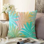 - Sonil-K-5266-Gorsel1 - Realhomes  Mavi Ve Pembe Yaprak Çizimli Özel Tasarım Dijital Baskılı Raşel Kadife Kırlent Kılıfı Realhomes