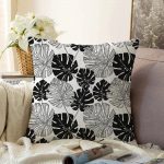 - Sonil-K-5289-Gorsel1 - Realhomes  Siyah Ve Beyaz Yaprak Motifli Dekoratif Raşel Kadife Yastık Kılıfı Realhomes