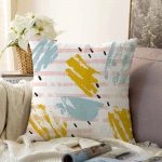 - Sonil-K-5300-Gorsel1 - Realhomes  Beyaz Zeminde Sulu Boya Pembe Yan Çizgi Motifli Raşel Kadife Kırlent Kılıfı Realhomes