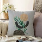 Gri Zemin Üzerinde Soyut Yaprak Çizimli Modern Özel Tasarım Raşel Kadife Kırlent Kılıfı Realhomes