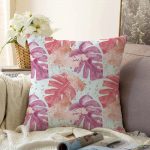 - Sonil-K-5313-Gorsel1 - Realhomes  Sulu Boya Tropik Yaprak Desenli Özel Tasarım Modern Raşel Kadife Kırlent Kılıfı Realhomes