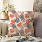 - Sonil-K-5359-Gorsel1 - Realhomes  Beyaz Zemin Üzerinde Pembe Noktalı Tropik Yaprak Desenli Raşel Kadife Kırlent Kılıfı Realhomes