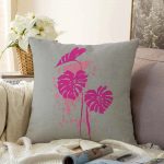 Fuşya Palmiye Yaprak Dijital Baskılı Dekoratif Raşel Kadife Kırlent Kılıfı Realhomes