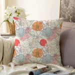 - Sonil-K-5372-Gorsel1 - Realhomes  Kırmızı Ve Turuncu Puantiyeli Zeminde Karakalem Çiçek Motifli Raşel Kadife Kırlent Kılıfı Realhomes