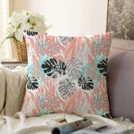 Soyut Çizimler İçerisinde Siyah Tropik Yaprak Motifli Raşel Kadife Kırlent Kılıfı Realhomes