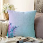 Toz Mavisi Zeminli Tropik Yapraklı Özel Tasarım Dijital Baskılı Raşel Kadife Yastık Kılıfı Realhomes